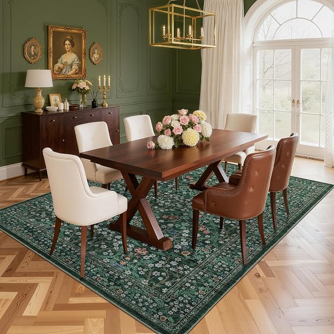 GarveeHome Dark Green Floral 8x10 Washable Area Rug Living Room Bedroom | Vintage Stain Resistant Rugs for Large Room Low-Pile Non-Slip Carpet Soft Stain Resistant Botanical Boho Rug TPE Backing