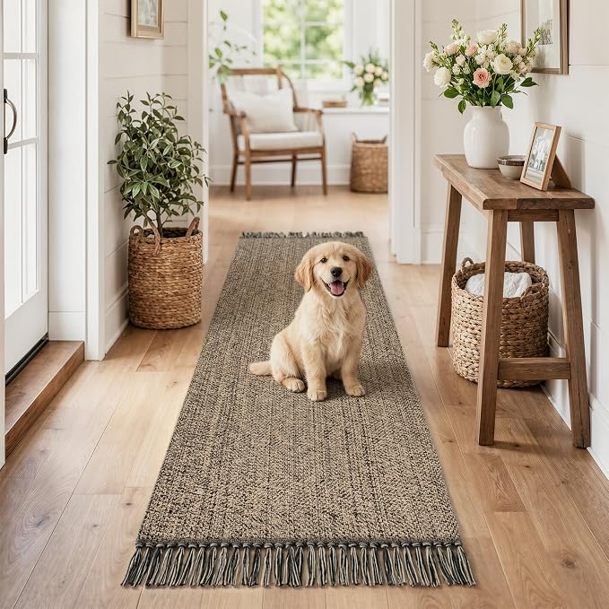 Farmhouse Hallway Runner Rug, 2x6 Hand-Woven Reversible Washable Runners for Kitchen Floor, Natural/Black Cotton Laundry Room Rugs Modern Boho Kitchen Sink Carpet for Bathroom Foyer Bedroom | Farmhouse Hand-Woven Laundry Room Rugs, Natural/Black Modern...