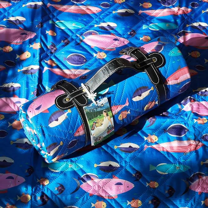 60x80” Double Thickened Picnic Blankets(150g High Density Cotton Stuffed) Blue Fish Pattern Outdoor Picnic Mat Portable Picnic Blanket Foldable with Leather Carry Strap Beach Blanket