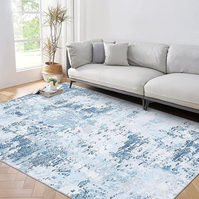 ROYHOME Area Rug 4x6 for Living Room Dining Room, Blue | Stain Resistant Carpet Modern Abstract Rugs Ultra Soft Machnine Washable Indoor Floor Cover Low Pile Rug for Bedroom