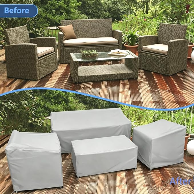 STARTWO Outdoor Furniture Cover Waterproof, 4 Piece Patio Furniture Set Cover for Outside Couch, Lawn Chairs, Coffee Table, Windproof with Buckle Strap, Grey