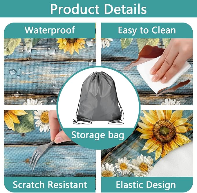Wooden Floral Picnic Table Cover with Bench Covers Camping Essentials Waterproof Windproof Camping Outdoor Tablecloth with Drawstring Bag, Fitted Rectangle Tables and Seats, 30X60 inch