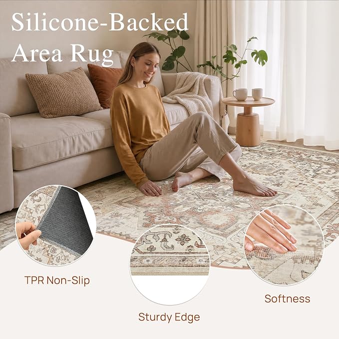 DTICON Vintage Washable 9x12 Area Rug Living Room Rugs, Beige | Boho Distressed, Pet & Kid Friendly, Non-Slip Backing, Soft Polyester, Low-pile Carpet for Living Room, Bedroom, Dining Room