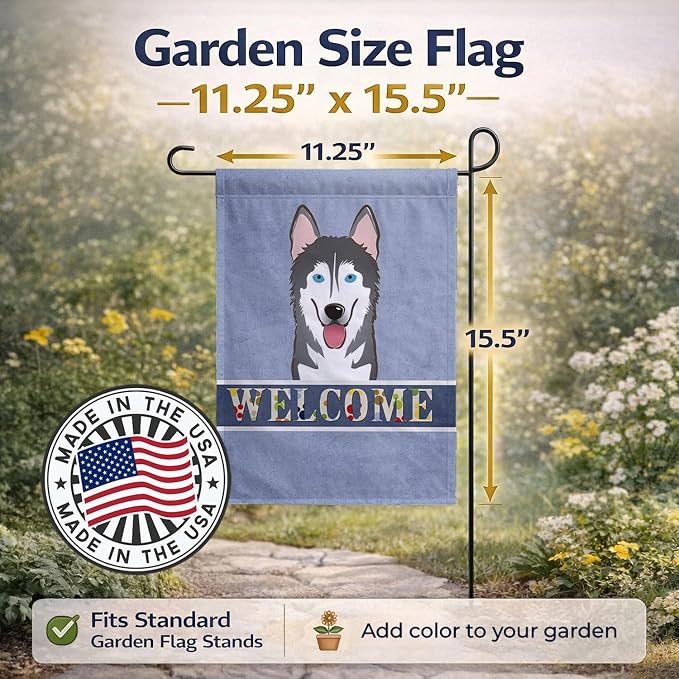 Caroline's Treasures BB1404GF Alaskan Malamute Welcome Garden Flag, Blue Mailbox Flag Decorative Yard Flag Banner Outside Patio Artwork Yard Flower Beds, Garden Size, Multicolor