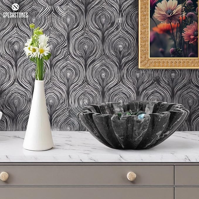 Marble Small Decorative Bowl 6 Inch Handmade Black Ruffle Bowl, Scalloped Bowls for Tables Centerpieces & Housewarming Gifts, Fluted Ring Dish, Fruit & Key Bowl for Entry Table