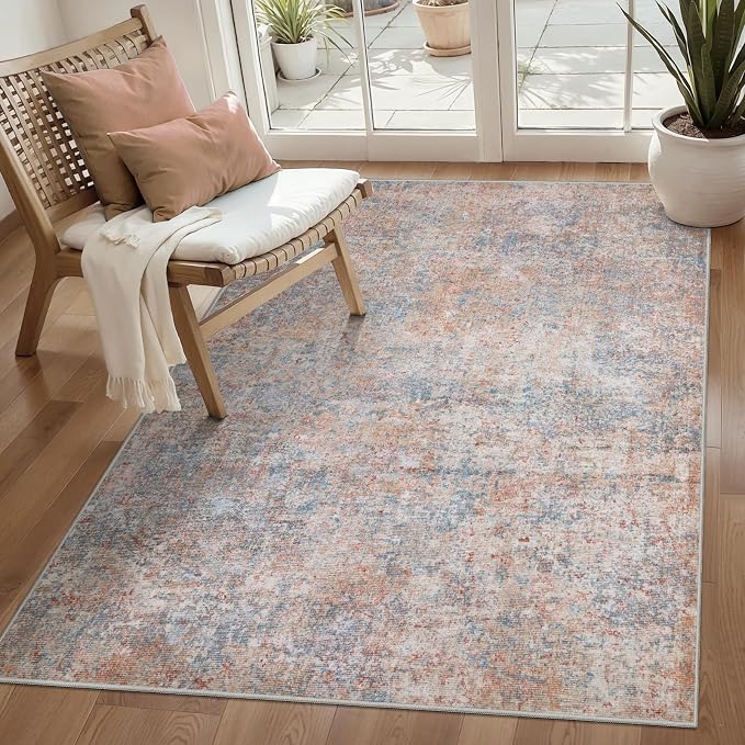 Tangsoo Abstract 3x5 Washable Area Rug, Modern Non Slip Indoor Accent Rugs | Contemporary Print 3x5 Carpet, Soft Low Pile Foldable Rugs for Living Room Bedroom Bedside Entryway Pink Multi Home Decor