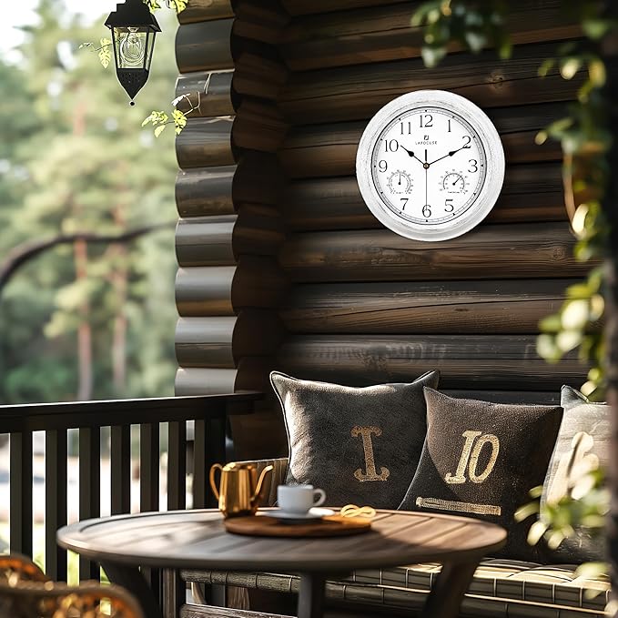 Lafocuse 12 Inch White Outdoor Clocks Waterproof for Patio Pool Bathroom | With Thermometer Combo and Hygrometer, Vintage Rustic Weather Outside Clock for Garden Garage Porch Kitchen, Silent, Accurate