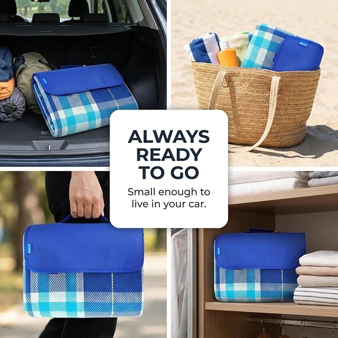 Outdoor Picnic Blanket Water-Resistant Backing, Soft Fleece Beach Mat,Camping Rug (Blue)