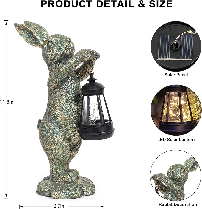 C&Y&G&X Garden Statue Rabbit with Solar Lantern - Outdoor Bunny Figurine Decor with LED Lights, Weather-Resistant Resin Animal Yard Art Sculpture for Patio, Lawn, Pathway, and Housewarming Gift