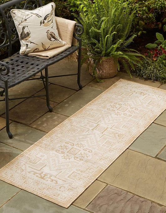 Unique Loom Outdoor Aztec Collection Area Rug - Coba (2' x 6' 1" Runner, Natural/ Ivory)
