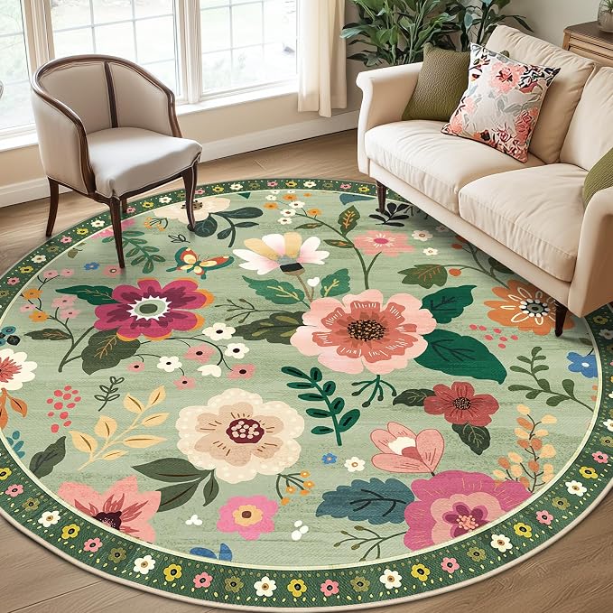 RELEANY Floral Washable Round 8ft Area Rug LightGreen | Flower Carpet, Print, Boho, Non-Slip, Easy to Clean, Soft, Low Pile for Living Room Bedroom Kitchen Office Entryway Hallway