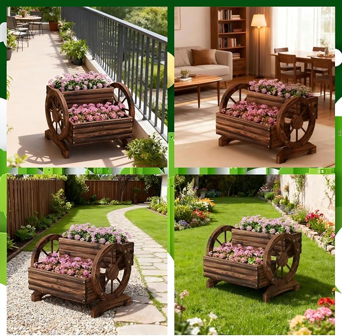 Wooden Wagon Planter Cute Garden Flower Pots Cart with wheels, Outdoor Decoration decor Indoor, Drainage hole, Garden decor for succulents herbs veggies for porch patio balcony (Carbonized, Medium)