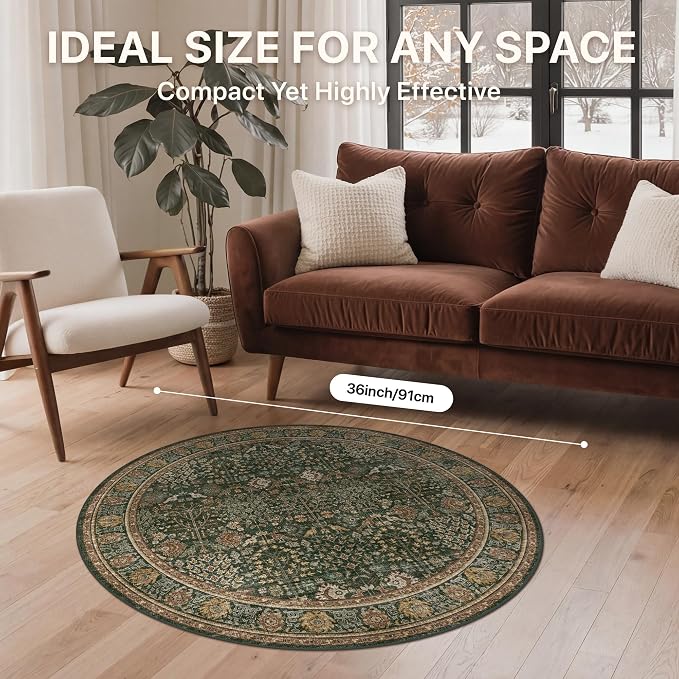 3ft Round Area Rug 3x3, Washable Non Slip, Dark Green Brown | Vintage Floral, Spill Resistant, Lightweight Low Pile Non-Shedding Carpet for Bedroom, Nursery and Kitchen
