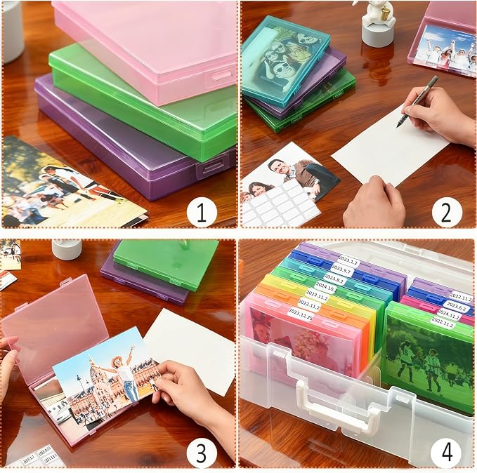 NINU Photo Storage Box with Handle, 5" x 7" Photo Organizer Storage Container with 18 Inner Case and 1 Sheet Blank Labels for Pictures, Arts, Crafts, Sewing, Seeds, Office Supplies (Colorful)
