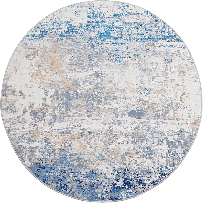 ROYHOME Modern Abstract 6x6 Round Area Rug Non Slip, Blue/Grey | Non Shedding Rug Low Pile Stain Resistant for Bedroom Living Room office Dining Room