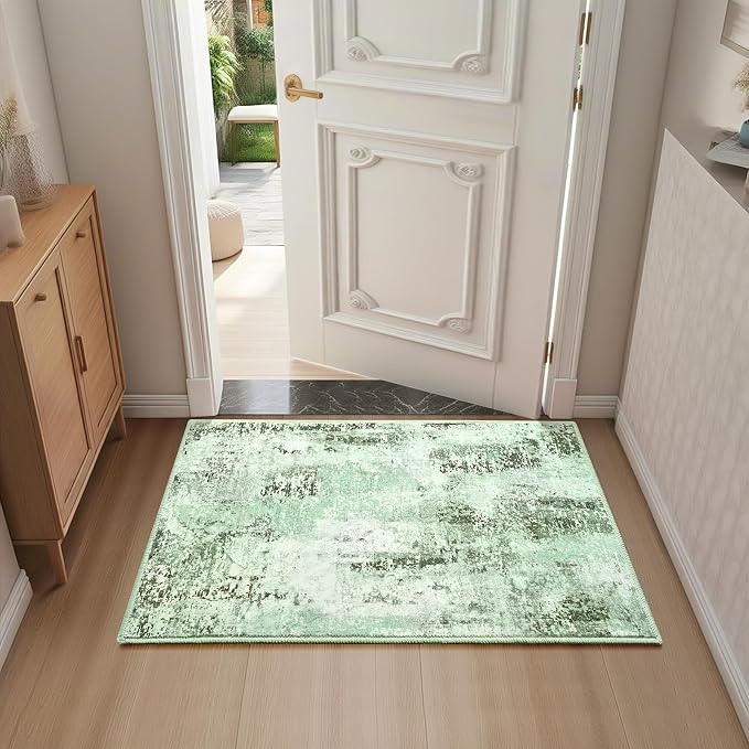Green Washable Small Area Rug, 2x3 Abstract Non-Slip Door Mat, Modern Low Pile Indoor Entryway Rugs, Stain Resistant Throw Carpet for Front Door, Kitchen, Entry, Inside Entrance