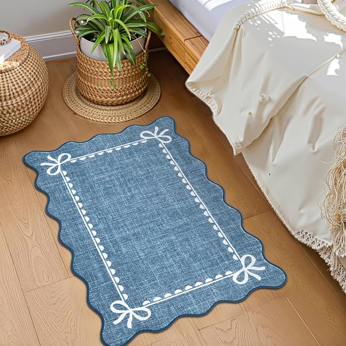 GarveeHome Scalloped Entryway Rug 2x3 Washable Bow Rug, Dark Blue | Non Slip Soft Low Pile Ultra-Thin Stain Resistant Indoor Carpet for Girls Dorm Nursery Bedroom Decor Hallway Kitchen Floor