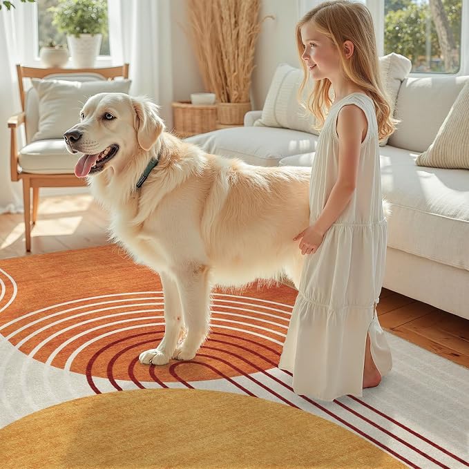 DCX Abstract Washable 2x3 Rug, Non Slip Low Pile Rug, Orange & Yellow | Rugs for entryway, bedroom, dining room, office, soft, mid century modern rug, sain resistant indoor carpet, home decor