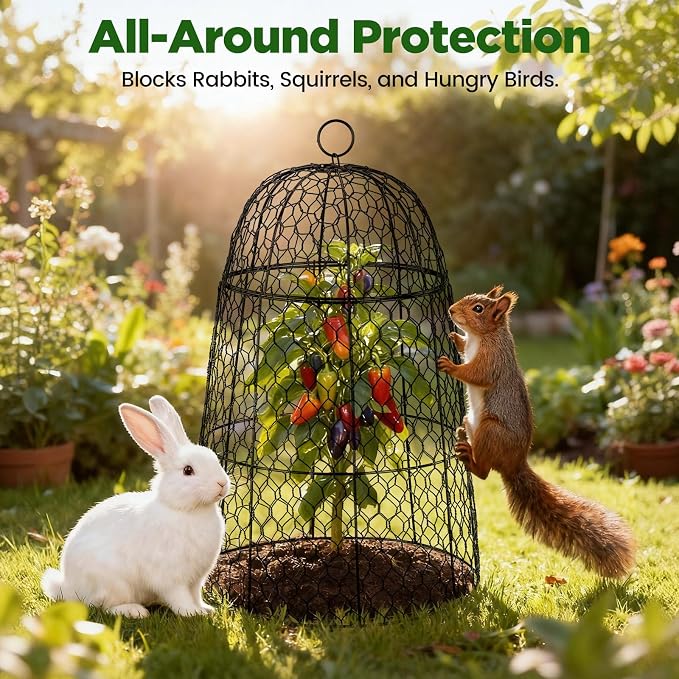 6 Pack XL Metal Garden Cloches for Plants, 17" Height Rustproof Chicken Wire Cloches for Seedlings, Vegetables & Flowers, Plant Protectors from Animals Includes 6 Humidity Domes & 24 Stakes - Black