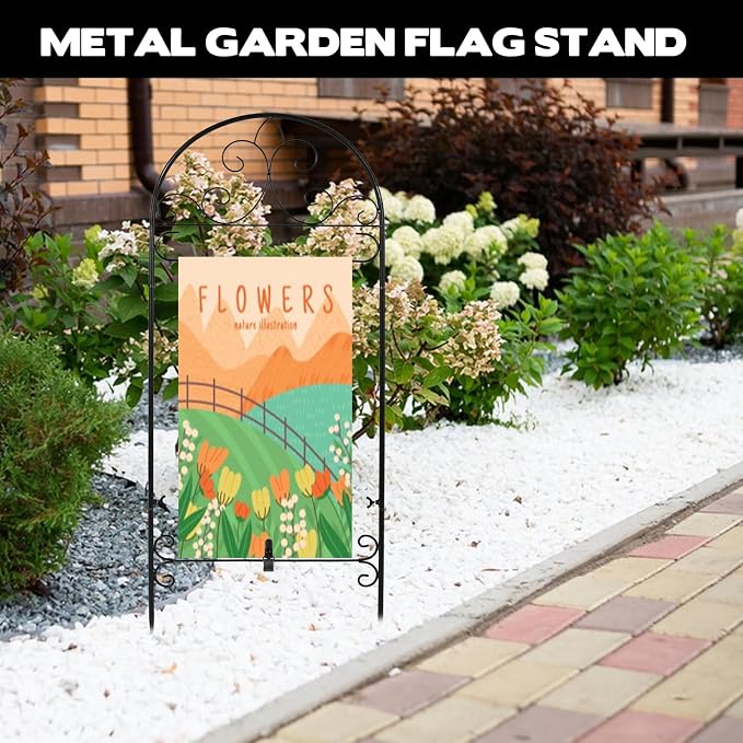 2 Pack Metal Garden Flag Holder Stand Scroll American Stand Yard Flag Pole Stake Fits Max 14 x 25 Inch for Outside House Garden Yard Lawn Patio Balcony Decor, No Flags Included