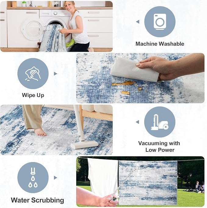 PLHXFR 10x14 Area Rug Living Room: Abstract Washable Carpet White Blue | For Bedroom Dining Room Farmhouse Nursery Home,Machine washable,Non Slip,Large Soft Neutral,Stain Resistant, Indoor Floor