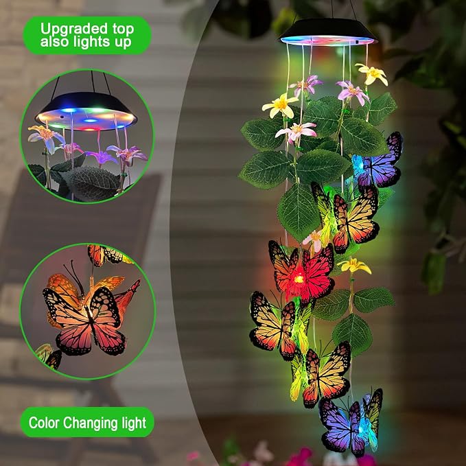Solar Wind Chimes Outdoor,Colorful Butterfly with Color Changing LED Dangler Mobiles for Outside,Hanging Decoraition for Patio,Porch,Yard,Gifts for Women