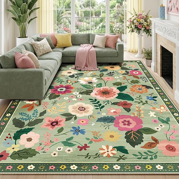 RELEANY Floral Washable 8x10 Area Rugs LightGreen | Flower Carpet, Print, Boho, Non-Slip, Easy to Clean, Soft, Low Pile for Living Room Bedroom Kitchen Office Entryway Hallway