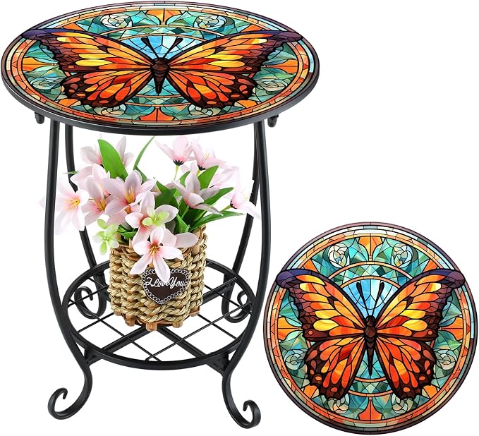 Cinnvoice Outdoor Side Table Round Small Mosaic Patio Accent Indoor End Plant Coffee Tea Table for Yard Patio Porch Garden Living Room, Bedroom(Butterfly B Style,14 Inch)