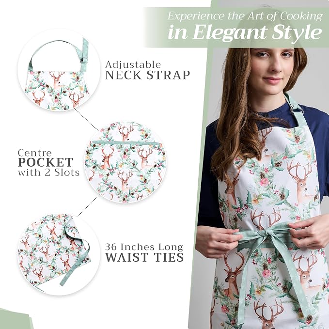 Maison d' Hermine Aprons for women with Pocket 100% Cotton (27.50"x31.50") | Adjustable Neck Strap & long ties Apron Men Chef Wedding Cooking Gardening Server Maid