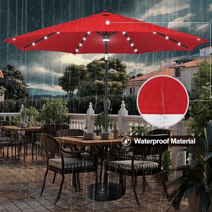 FLAME&SHADE 10 FT Solar Light Patio Umbrella, 40 LED Lights Outdoor Umbrella with Centre Surround Light, Table Market Umbrella for Deck, Pool, Porch, Backyard, Garden, UV Protection, Red