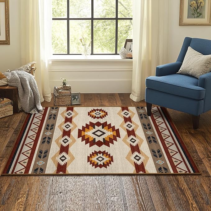 3x5 Western Aztec Area Rug for Bedroom Entryway Hallway Southwestern Boho Rug Machine Washable Non-Slip Carpet for Bathroom Kitchen Bedside Dining Room