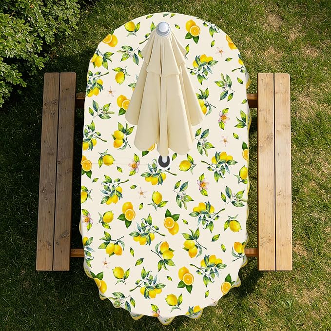 Lemon Outdoor Oval Tablecloth with Umbrella Hole 54" x 72" Waterproof Zipper Table Cloth for Patio Table - Ideal Tablecloths for Picnics, Camping, and Yard Use