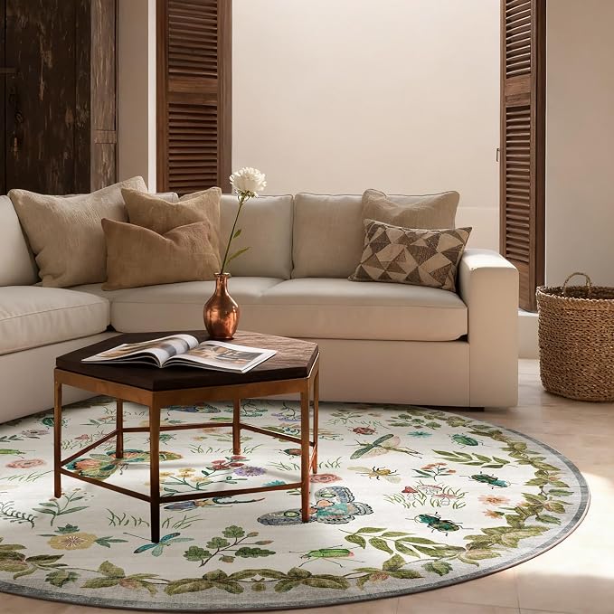 Washable Round Rugs for Bedroom 4ft: Living Room Rug Stain Resistant Non Slip Low Pile Ultra Soft Faux Wool Small Circle Rugs for Entryway Kitchen Bathroom Nursery Dorm Home Office Entrance Indoor