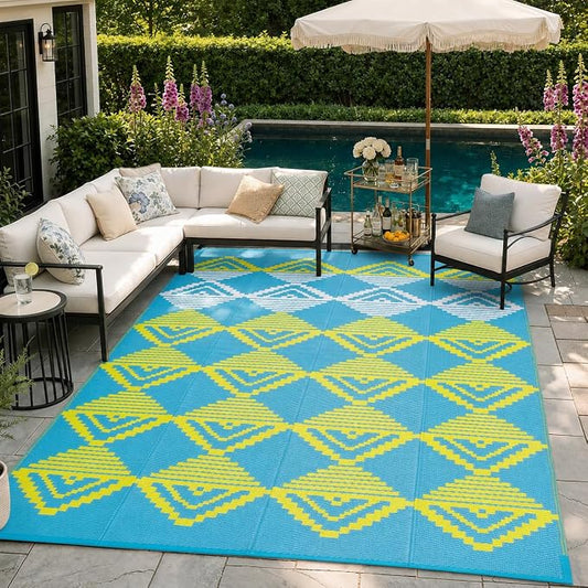 Lahome Outdoor Rugs 8x10 Waterproof, Reversible Plastic Large Outdoor Rug for Patios, Outside RV Mat Carpet for Deck Porch Backyard Balcony Picnic Trailer (Blue/Yellow, 8' x 10')
