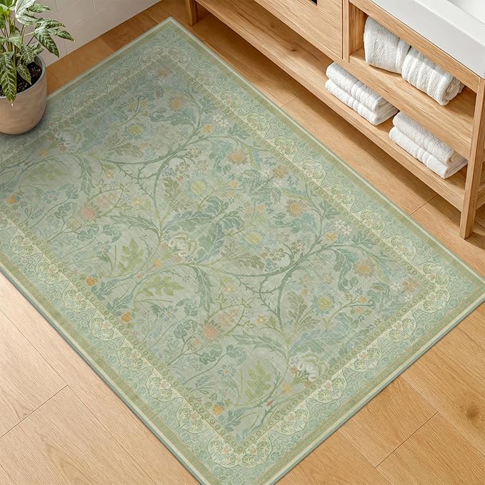 Boho Sage Green Bathroom Rugs, 2x3 Soft Washable Non Slip Small Area Rug for Entryway, Kitchen, Bedroom, Powder Room, Low Pile Floral Decorative Door Mats Vintage Farmhouse Throw Rug