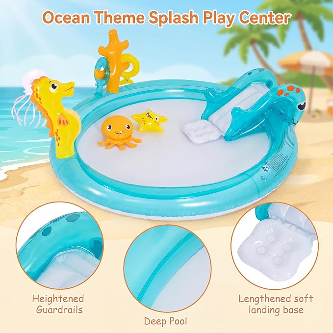 GLACER Kids Pool with Slide, Inflatable Play Center with Seahorse Sprinkler | 70" x 62" x 26.5" Water Splash Pad with Ring-toss Game, Heightened Guardrails, PVC toddler pool for Outdoor Backyard, Garden