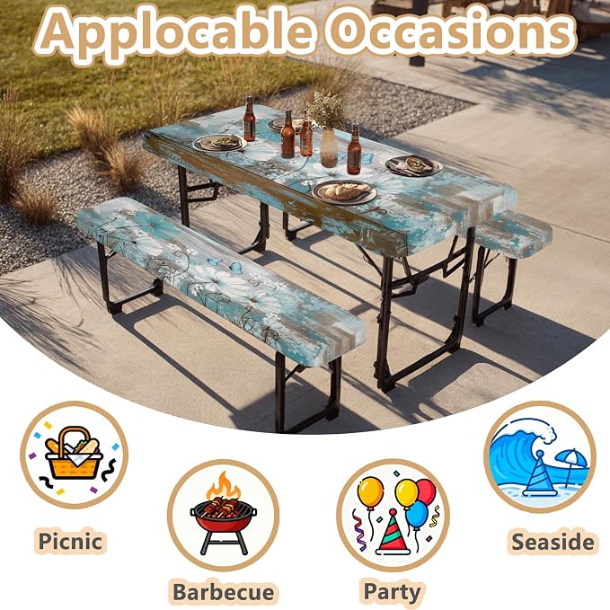 Picnic Table Cover with Bench Covers Elastic Edges, Outdoor Patio Camping Essentials 72 Inch 3PCS, Waterproof Camping Fitted Tablecloth with Handbags (Rustic Daisy Floral Art)