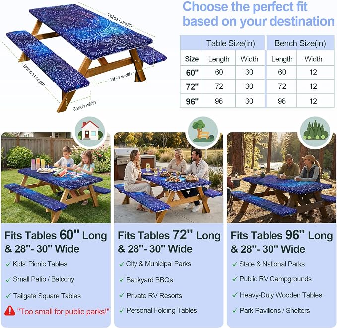 Picnic Table Cover with Bench Covers Camping Essentials Waterproof Windproof Camping Tablecloth with Drawstring Bag, Fitted Rectangle Tables and Seats, 72in, Blue Purple