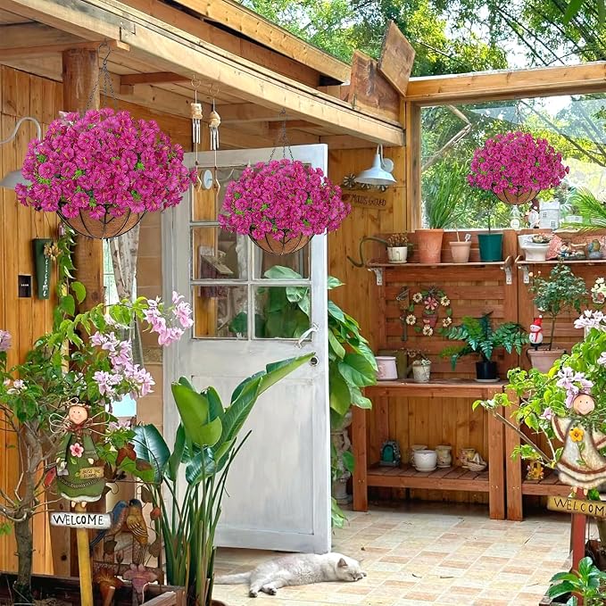 KHOYIME Artificial Hanging Flowers Plants Basket for Outdoors Indoor, 2 Set Faux Silk Fuchsia Morning Glory Fake Eucalyptus Planters UV Resistant Spring Summer Decorations for Home Garden Porch Patio