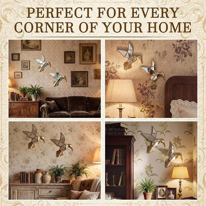 Sliner 2 Pcs Hummingbird Mirror Wall Decor, Gold Resin Aesthetic Bird Wall Art, Vintage Decorative Hanging Glass Mirrors for Victorian Home, Elegant Nature Inspired Summer Wedding Gift