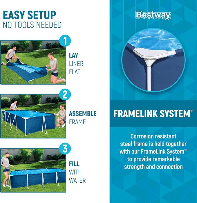 Bestway Steel Pro 13.1' x 6.8' x 32" Above Ground Swimming Pool Set w/Pump | Durable Rectangular Metal Frame Outdoor Backyard Pool, Puncture-Resistant Liner - Type I Filter Cartridge Included, Blue