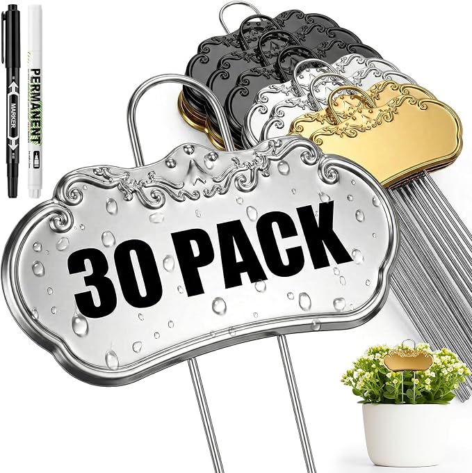 Landhoow 30 Pack 4.5 x 3.7'' Metal Plant Tags Waterproof Metal Plant Labels 11.2'' Tall Outdoor Garden Markers for Flower Fruit Vegetable Herb Flower 304 Stainless Steel Weatherproof Signs, 3 Colors
