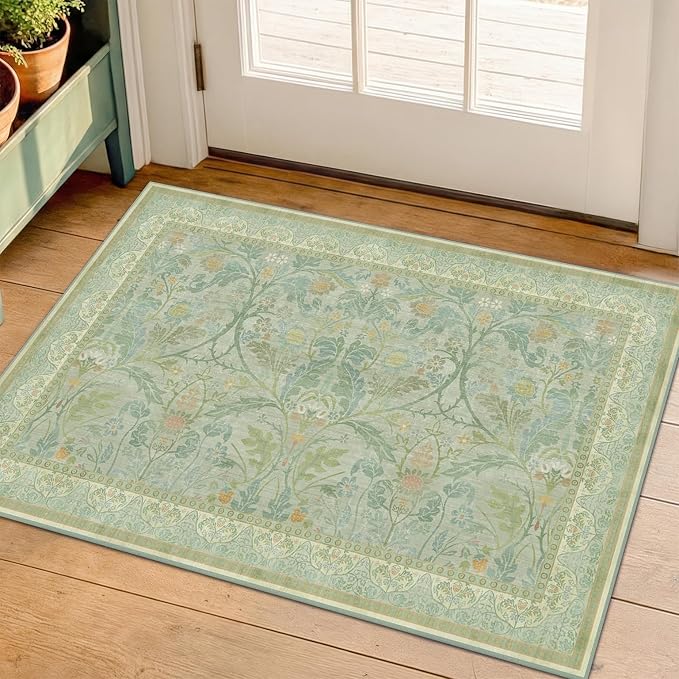 Boho Sage Green Bathroom Rugs, 2x3 Soft Washable Non Slip Small Area Rug for Entryway, Kitchen, Bedroom, Powder Room, Low Pile Floral Decorative Door Mats Vintage Farmhouse Throw Rug