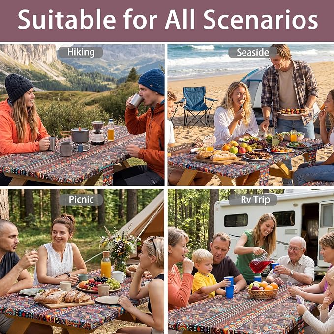 Fitted Waterproof Picnic Table Cover with Bench Covers Heavy Duty Elastic Outdoor Camping Tablecloth for 6 Foot Rectangle Tables Summer Rv Accessories Patio Garden Road Trip Essentials Gifts