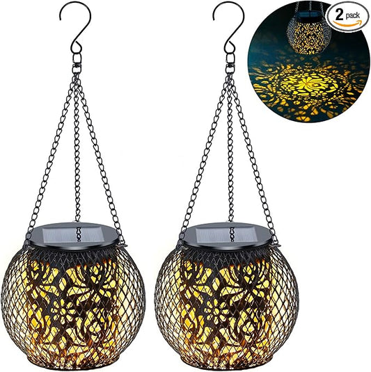Solar Lanterns Outdoor Waterproof, 2 Pack Hanging Solar Lights Outside Garden Decor, Gifts for Women Mom Grandma Metal Decorative Lantern for Patio Yard Porch Balcony Backyard Lawn