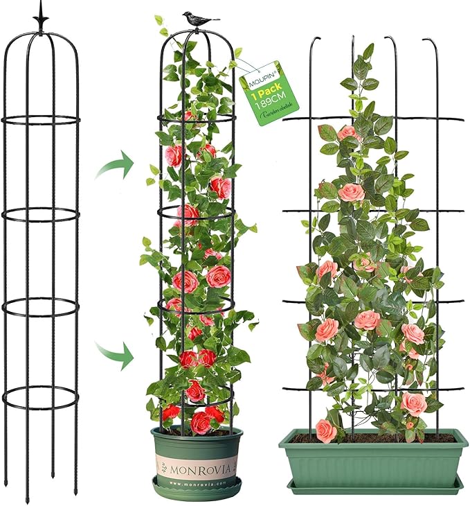 Tower Obelisk Garden Trellis for Climbing Plant，6.2FT/74.4" Rustproof Metal Potted Plant Climbing Support for Indoor Outdoor Flowers Vegetable Fruits Vines Support (2Pcs)