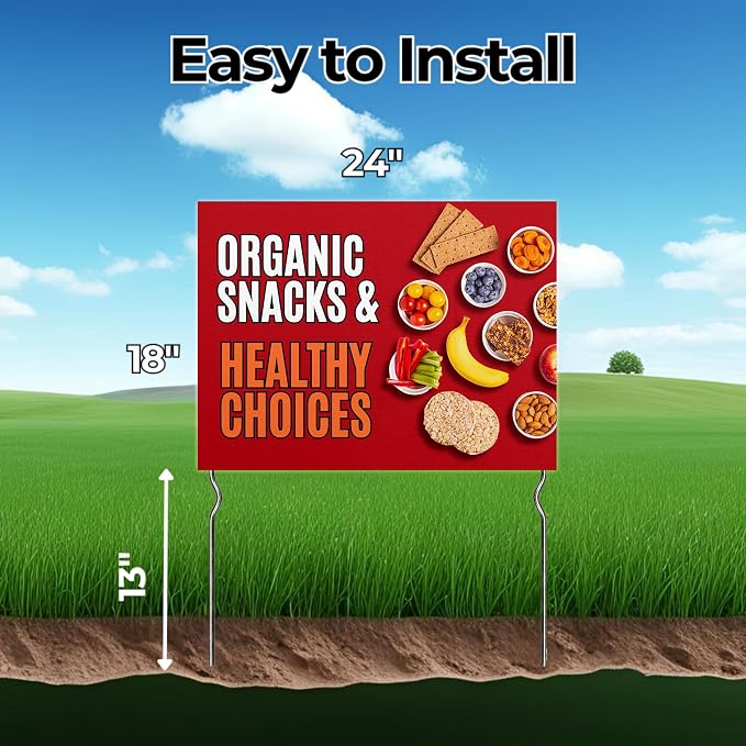 Organic Snacks & Healthy Choices! Yard Sign by DC | 24"x18" Double Sided Conv. Store Garden Sign with 13” Metal Stakes | Outdoor Signs Waterproof for Lawn, Patio, Sidewalk & House | Set of 5