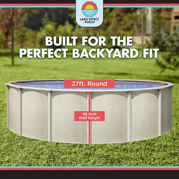 Lake Effect Pools 'Impressions' 27 ft Round Above Ground Swimming Pool | 48 Inch Resin Protected Steel Sided Walls | Bundle Includes: 25 Gauge Overlap Liner & Widemouth Skimmer