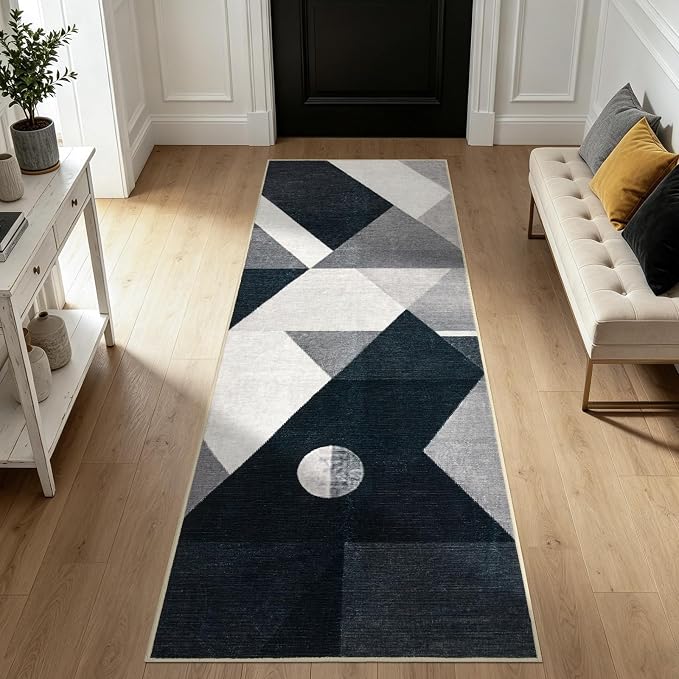 Joydeco 2x6 Geometric Washable Hallway Runner Rug, Black Grey White | Modern Non-Slip Low Pile Soft Stain Resistant Dark Gray Pet Child Friendly Carpet for Bedroom Entryway Kitchen Laundry Room