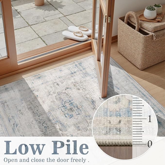 DCX Washable 4x6 Blue Rug Stain Resistant Distressed Vintage Rug | Kid & Pet Friendly with Rubber Back Non Slip Soft Low Pile Large Carpet for Living Room, Bedroom, Home Office